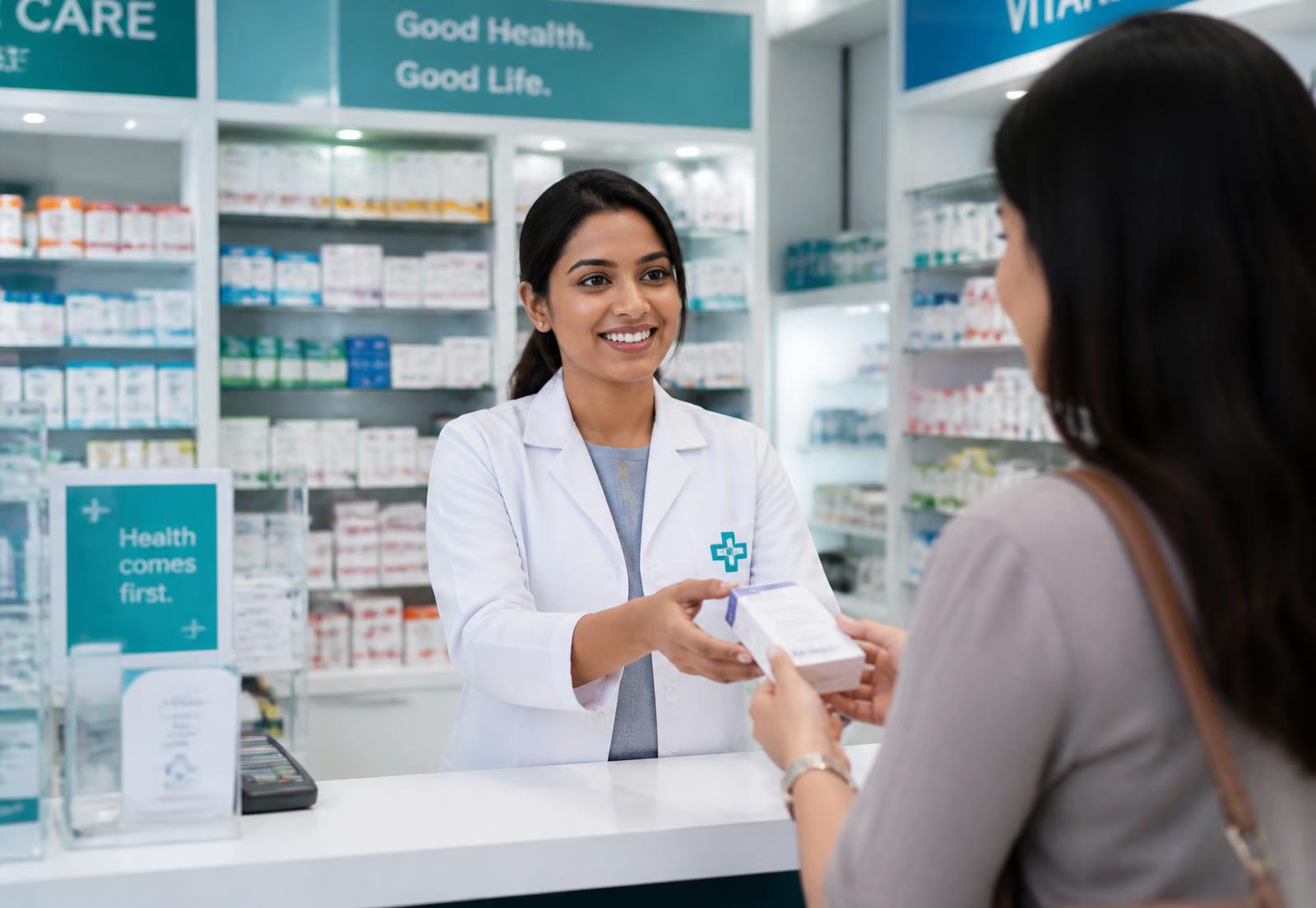 QuickPharma pharmacist handing medicines to a customer at the store counter